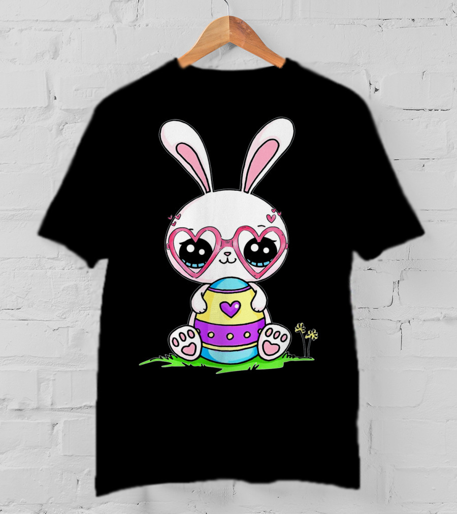 Adorable Easter Bunny With Heart-Shaped Glasses And Colorful Egg T-Shirt
