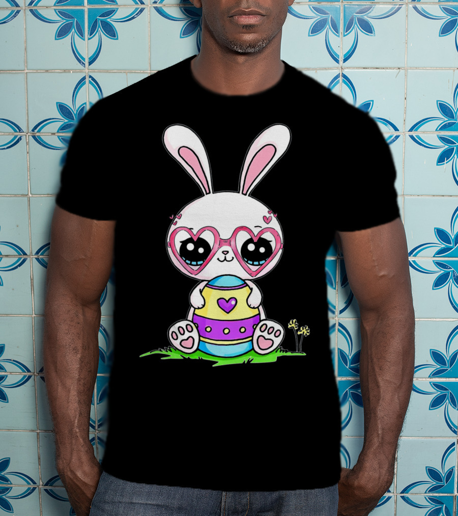 Adorable Easter Bunny With Heart-Shaped Glasses And Colorful Egg T-Shirt