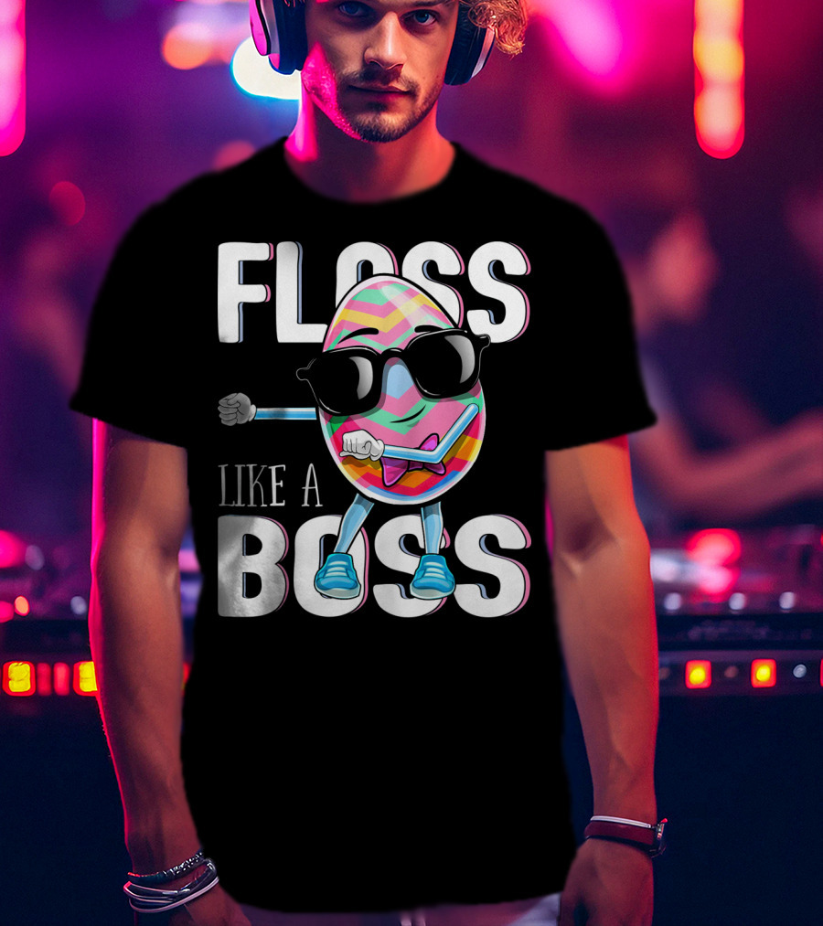 FLOSS LIKE A BOSS Flossing Easter Egg With Sunglasses And Colorful Stripes T-Shirt