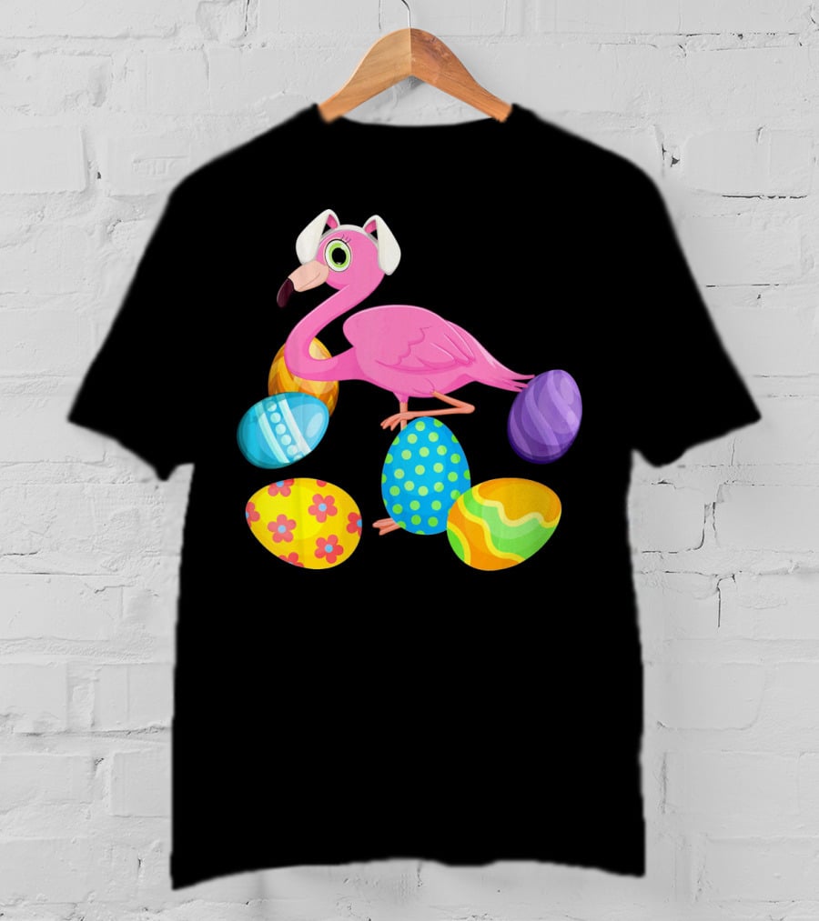 Flamingo Bunny Rabbit Hat With Colorful Easter Eggs Playing Easter T-Shirt
