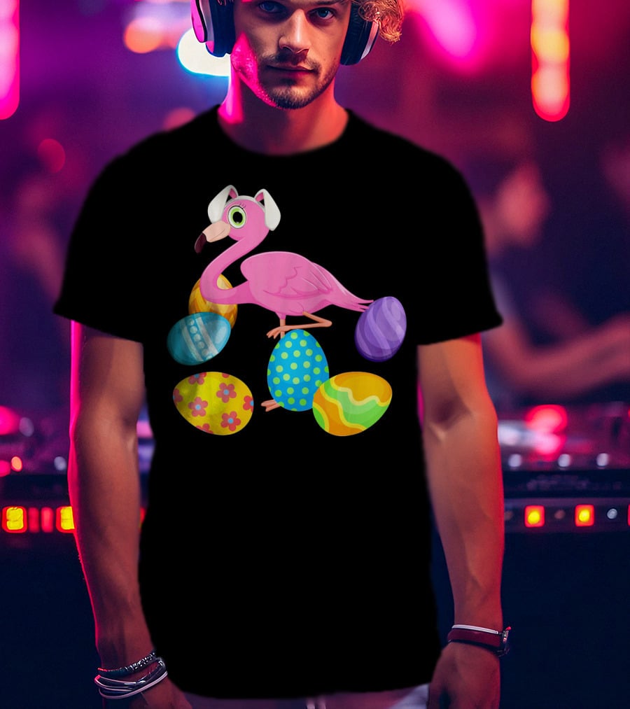 Flamingo Bunny Rabbit Hat With Colorful Easter Eggs Playing Easter T-Shirt
