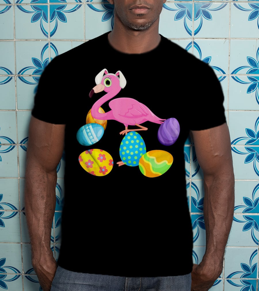 Flamingo Bunny Rabbit Hat With Colorful Easter Eggs Playing Easter T-Shirt