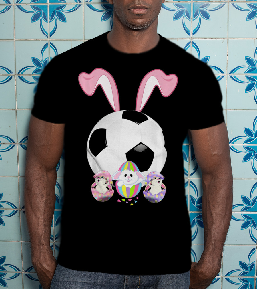 Soccer Easter Bunny Egg With Pink Ears And Colorful Easter Eggs T-Shirt