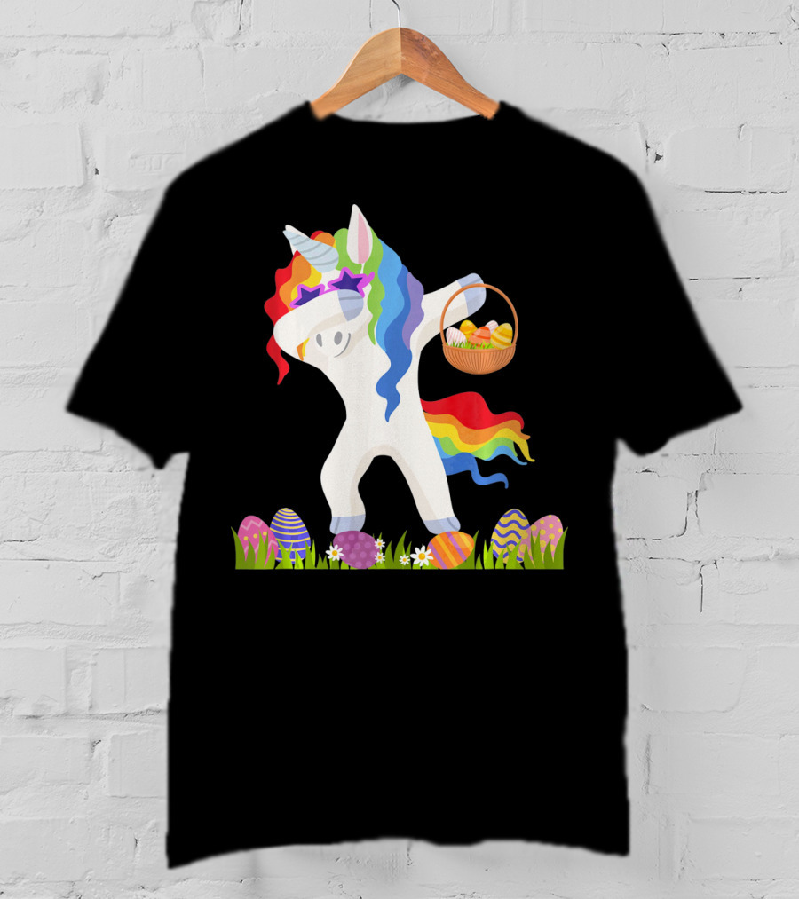 Funny Unicorn Dabbing With Easter Basket And Eggs Happy Easter Day T-Shirt