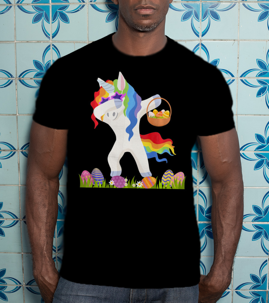 Funny Unicorn Dabbing With Easter Basket And Eggs Happy Easter Day T-Shirt