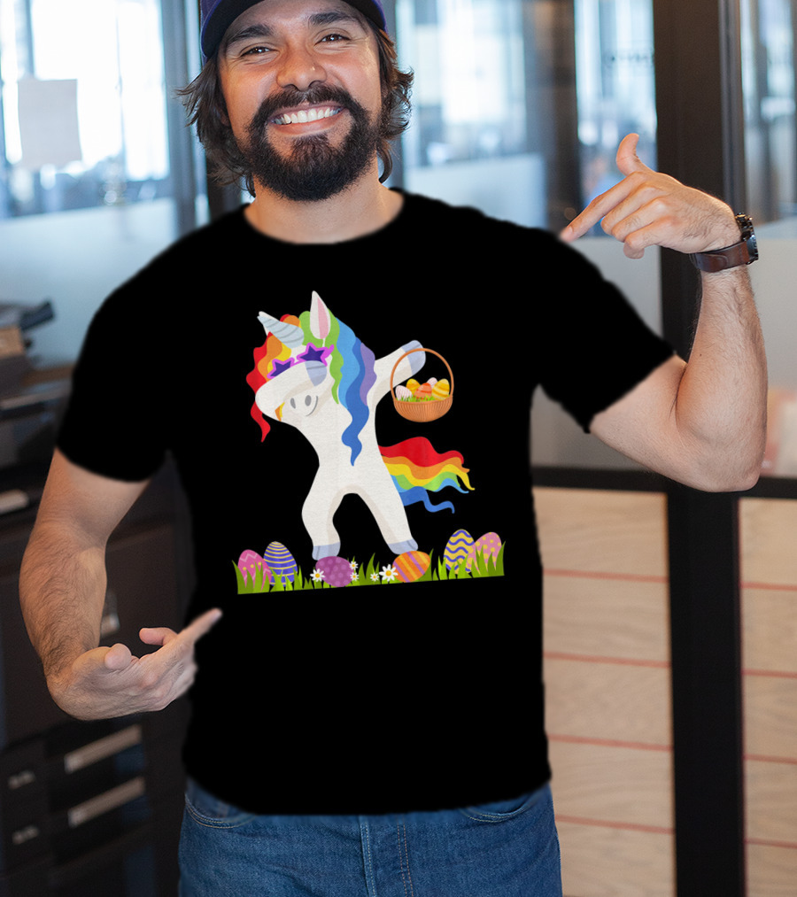 Funny Unicorn Dabbing With Easter Basket And Eggs Happy Easter Day T-Shirt