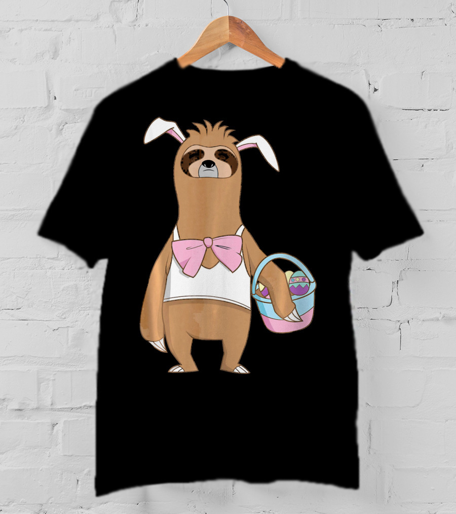 Sloth Easter Bunny Lazy Rabbit With Basket Of Eggs T-Shirt
