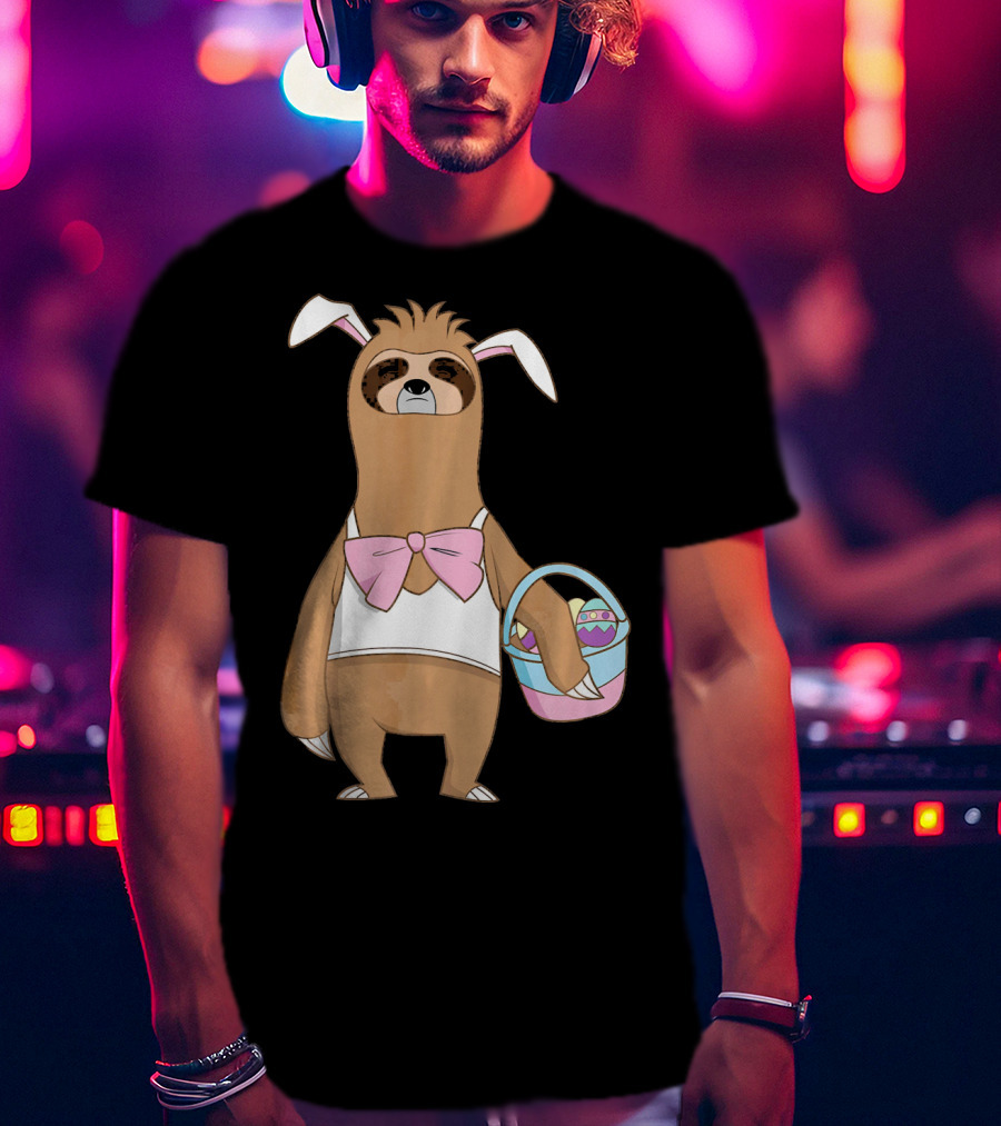 Sloth Easter Bunny Lazy Rabbit With Basket Of Eggs T-Shirt