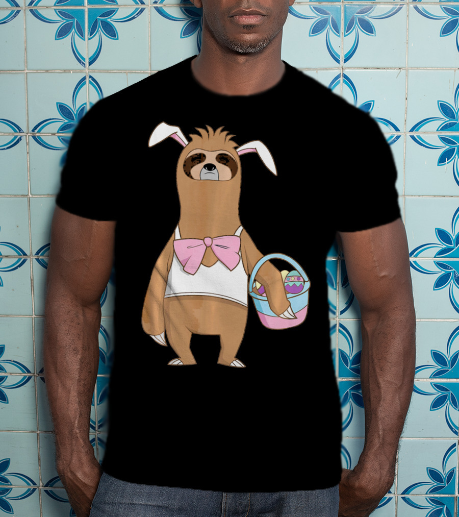 Sloth Easter Bunny Lazy Rabbit With Basket Of Eggs T-Shirt
