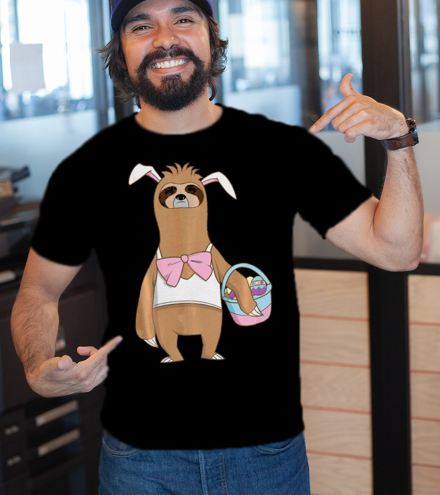 Sloth Easter Bunny Lazy Rabbit With Basket Of Eggs T-Shirt