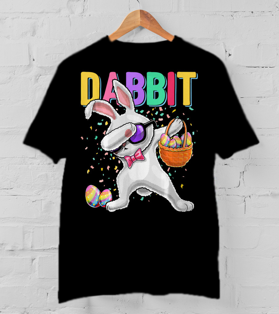 Dabbit Dabbing Easter Bunny With Eggs Basket And Confetti T-Shirt