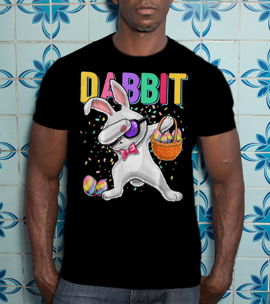 Dabbit Dabbing Easter Bunny With Eggs Basket And Confetti T-Shirt