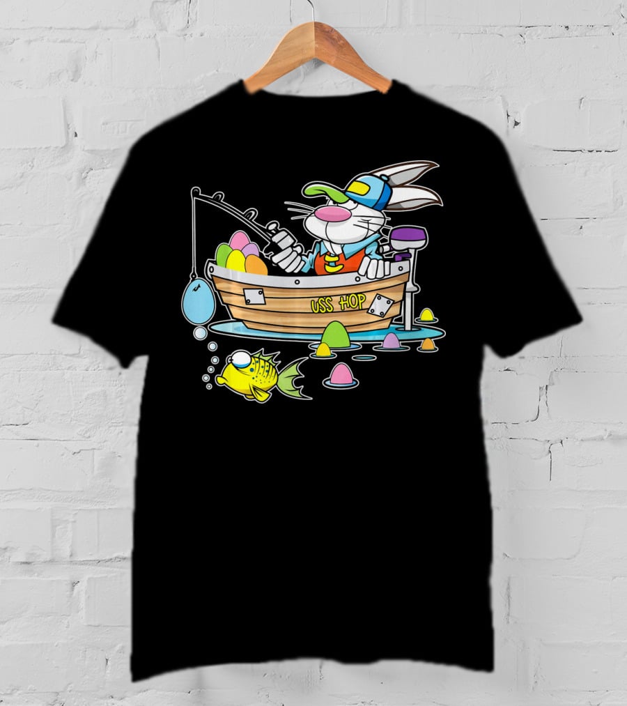 Fun Easter Bunny Fishing USS Hop With Eggs And Colorful Fish T-Shirt
