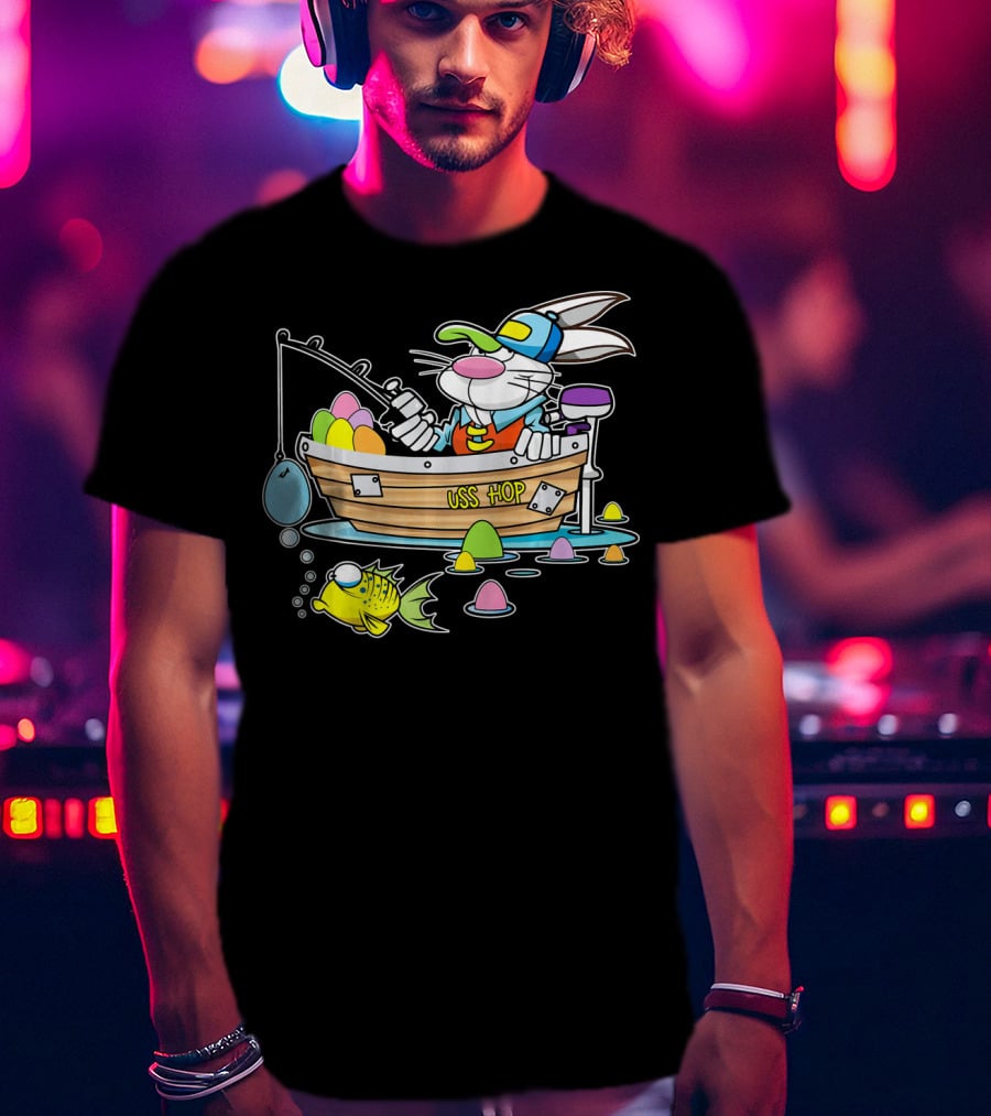 Fun Easter Bunny Fishing USS Hop With Eggs And Colorful Fish T-Shirt