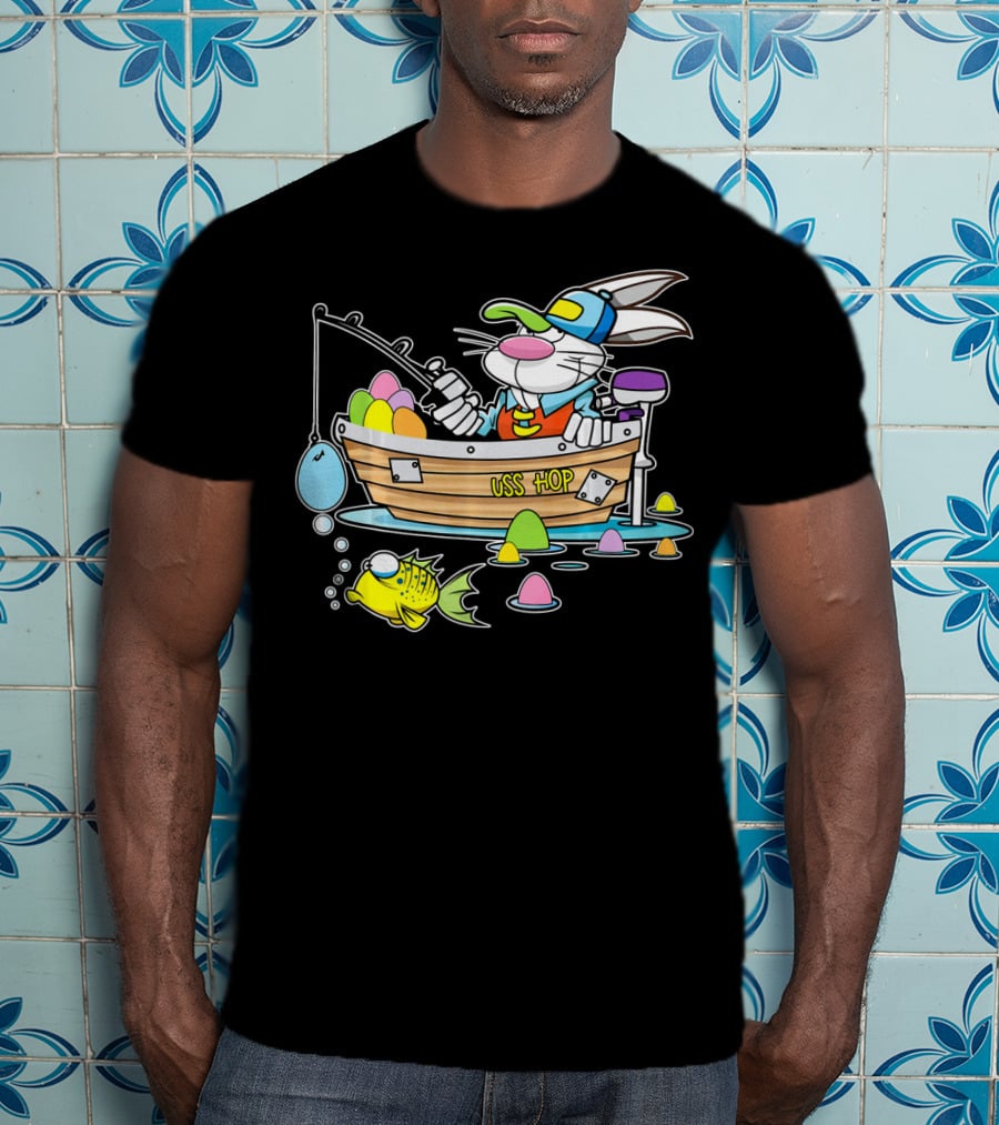 Fun Easter Bunny Fishing USS Hop With Eggs And Colorful Fish T-Shirt