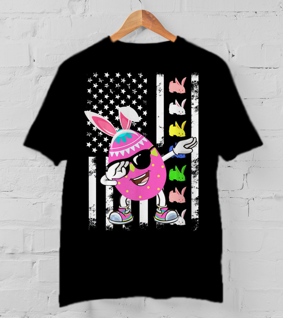 Dabbing Easter Egg Rabbit With American Flag And Bunny Icons T-Shirt