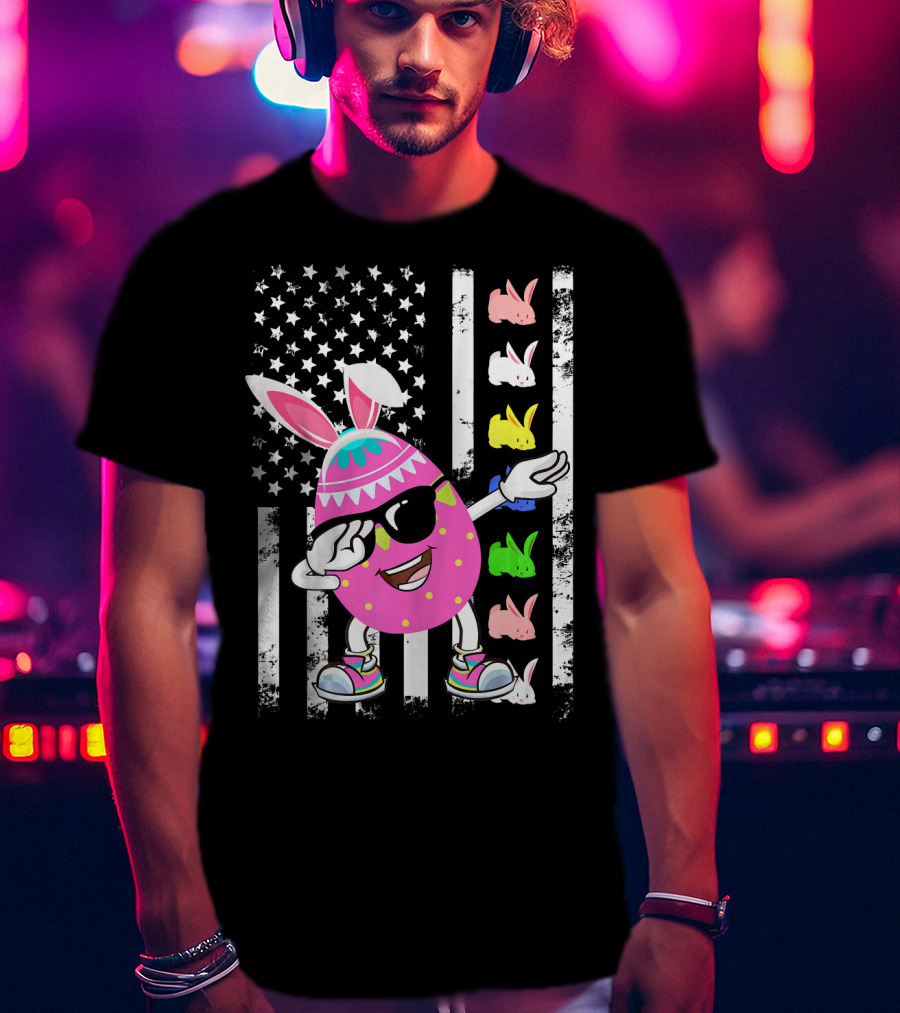 Dabbing Easter Egg Rabbit With American Flag And Bunny Icons T-Shirt