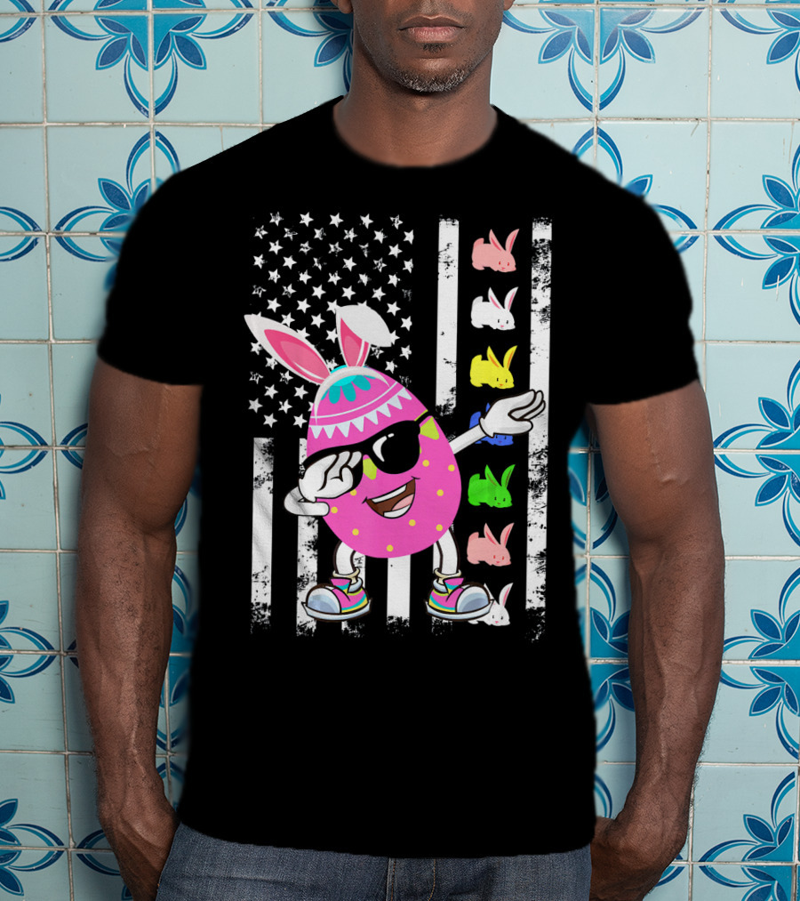 Dabbing Easter Egg Rabbit With American Flag And Bunny Icons T-Shirt