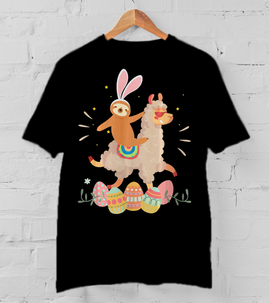 Cute Bunny Sloth Riding Llama Easter Eggs T-Shirt
