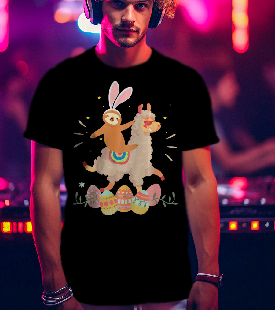 Cute Bunny Sloth Riding Llama Easter Eggs T-Shirt