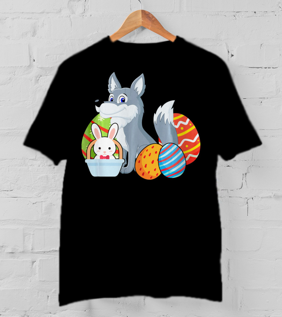 Easter Wolf Happy Bunny With Colorful Eggs T-Shirt
