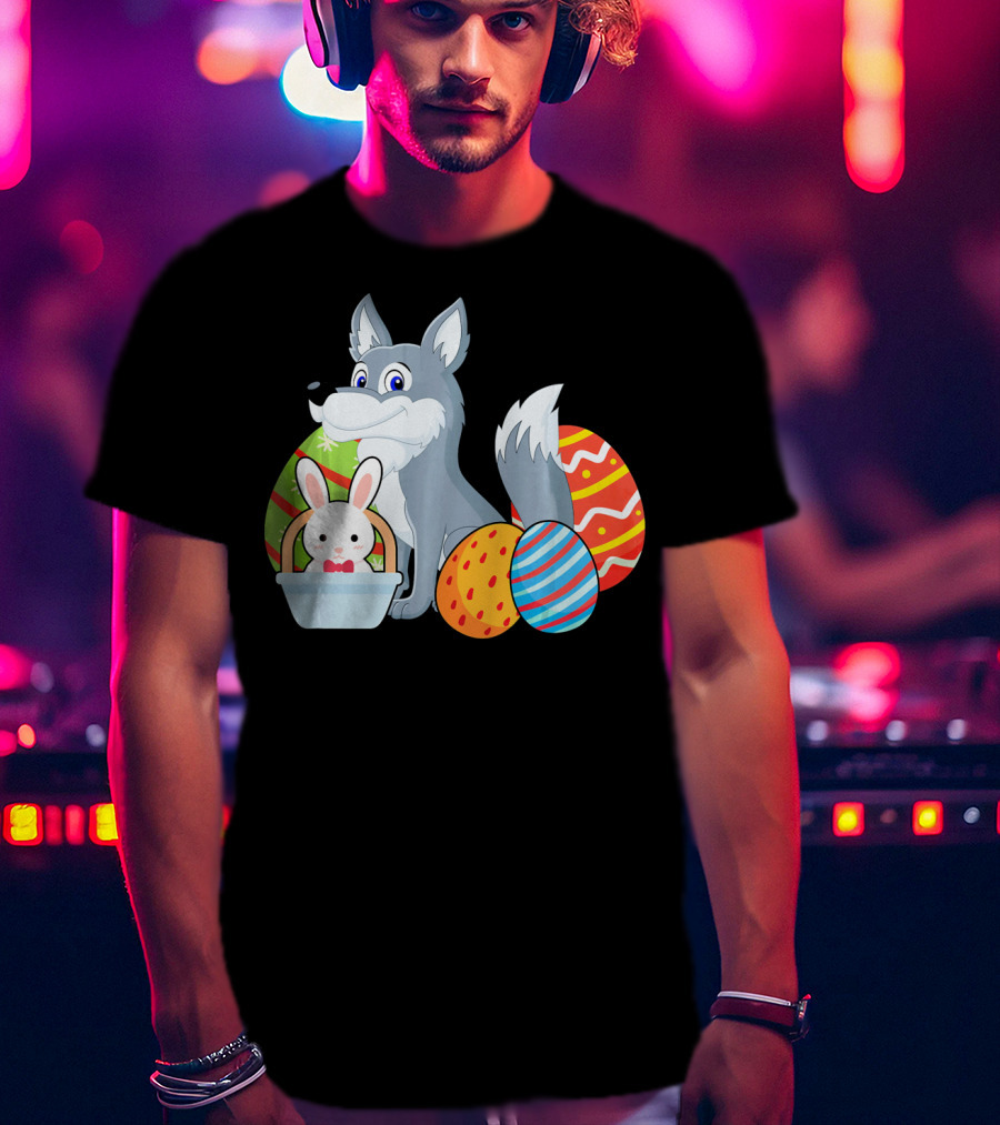 Easter Wolf Happy Bunny With Colorful Eggs T-Shirt