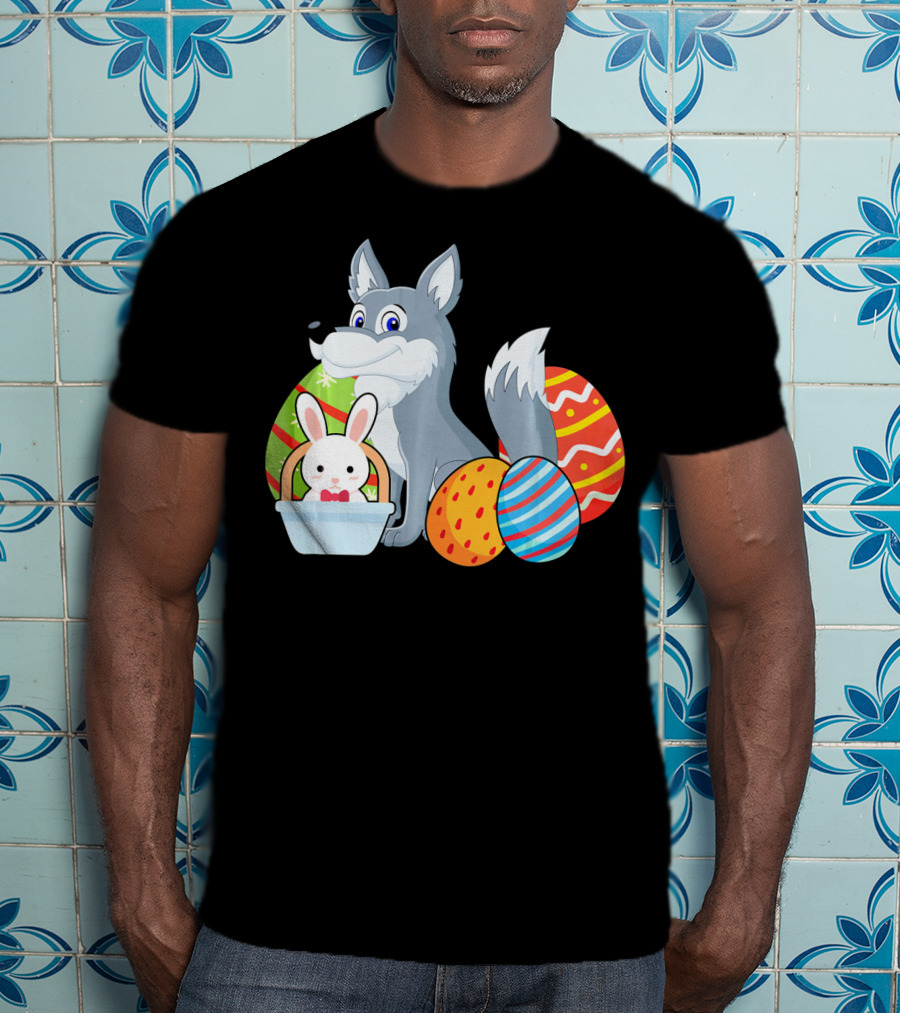 Easter Wolf Happy Bunny With Colorful Eggs T-Shirt