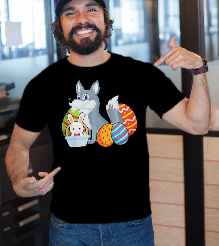 Easter Wolf Happy Bunny With Colorful Eggs T-Shirt