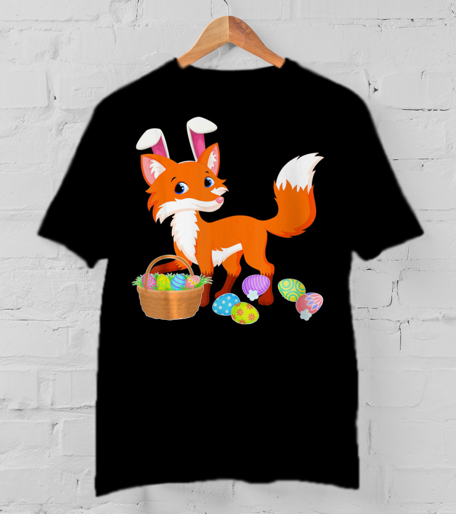 Happy Fox Easter Bunny Ears With Colorful Eggs Basket T-Shirt