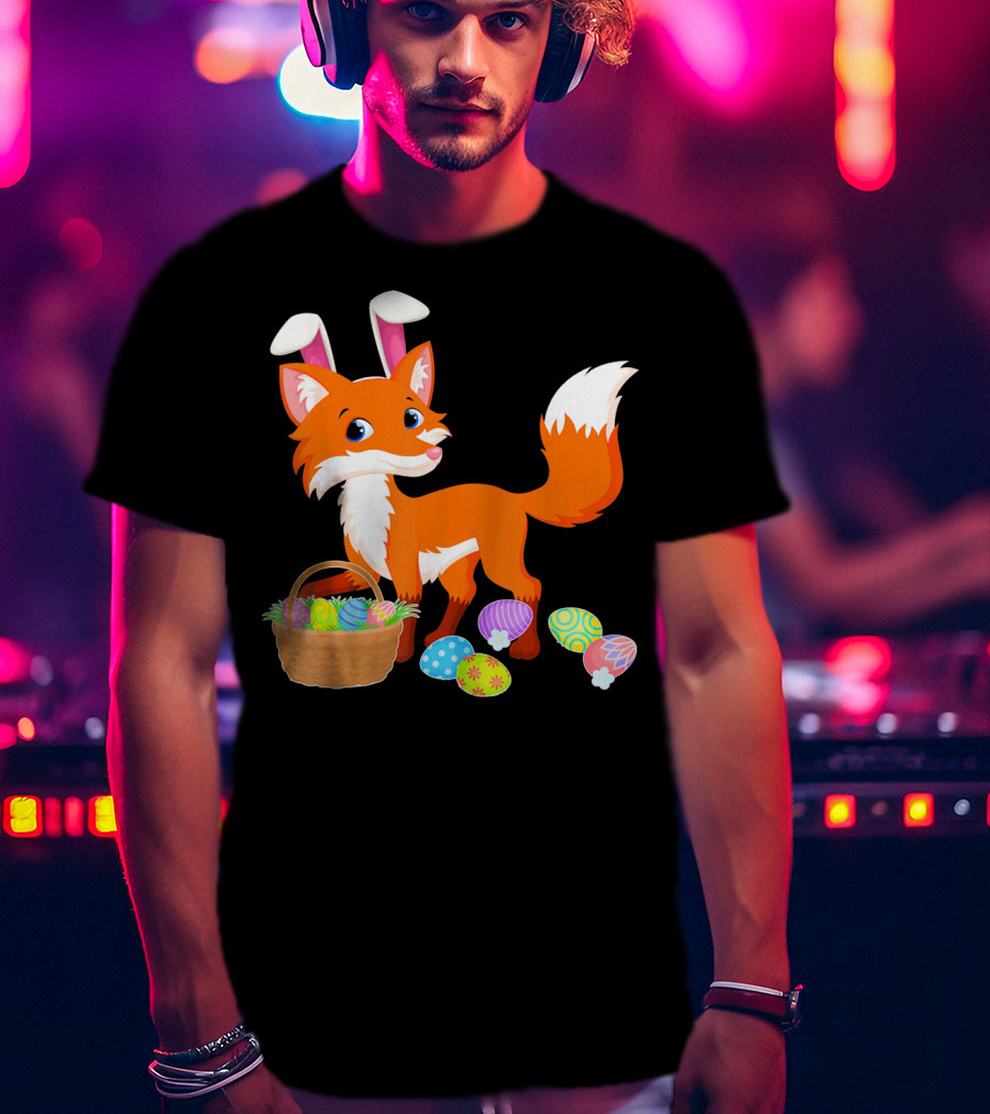 Happy Fox Easter Bunny Ears With Colorful Eggs Basket T-Shirt