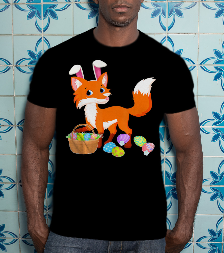 Happy Fox Easter Bunny Ears With Colorful Eggs Basket T-Shirt