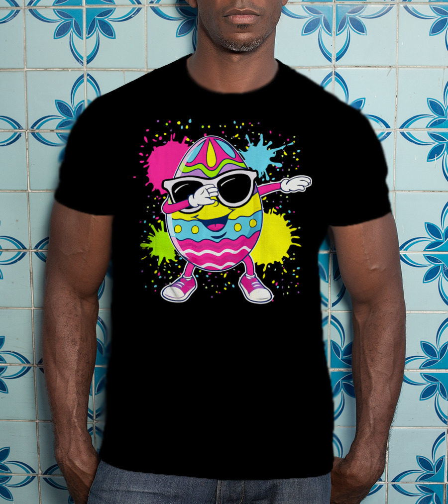 Cute Easter Egg Dabbing With Glasses Colorful Splatter T-Shirt