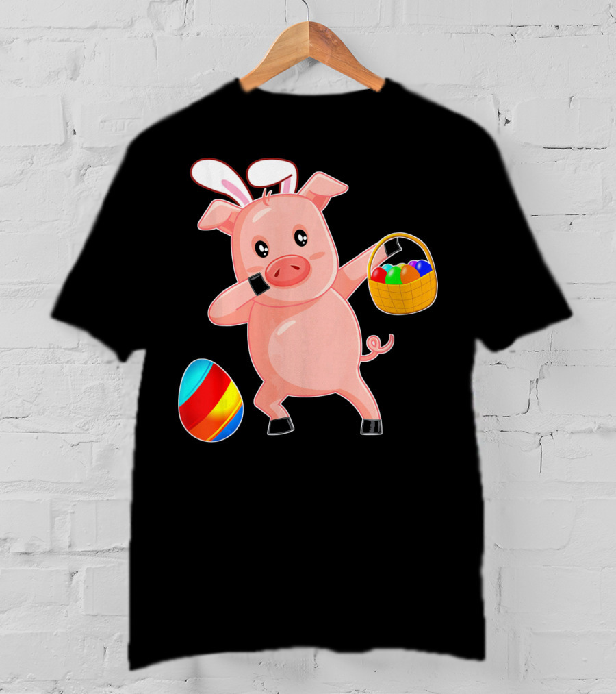 Easter Bunny Dabbing Pig With Colorful Egg Basket T-Shirt