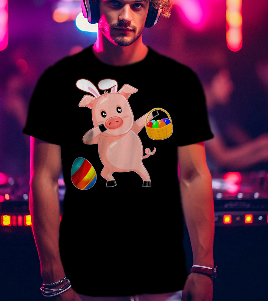 Easter Bunny Dabbing Pig With Colorful Egg Basket T-Shirt