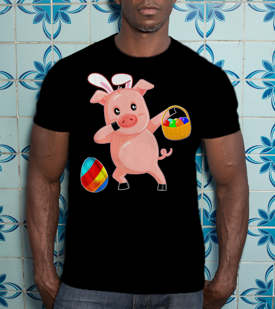 Easter Bunny Dabbing Pig With Colorful Egg Basket T-Shirt