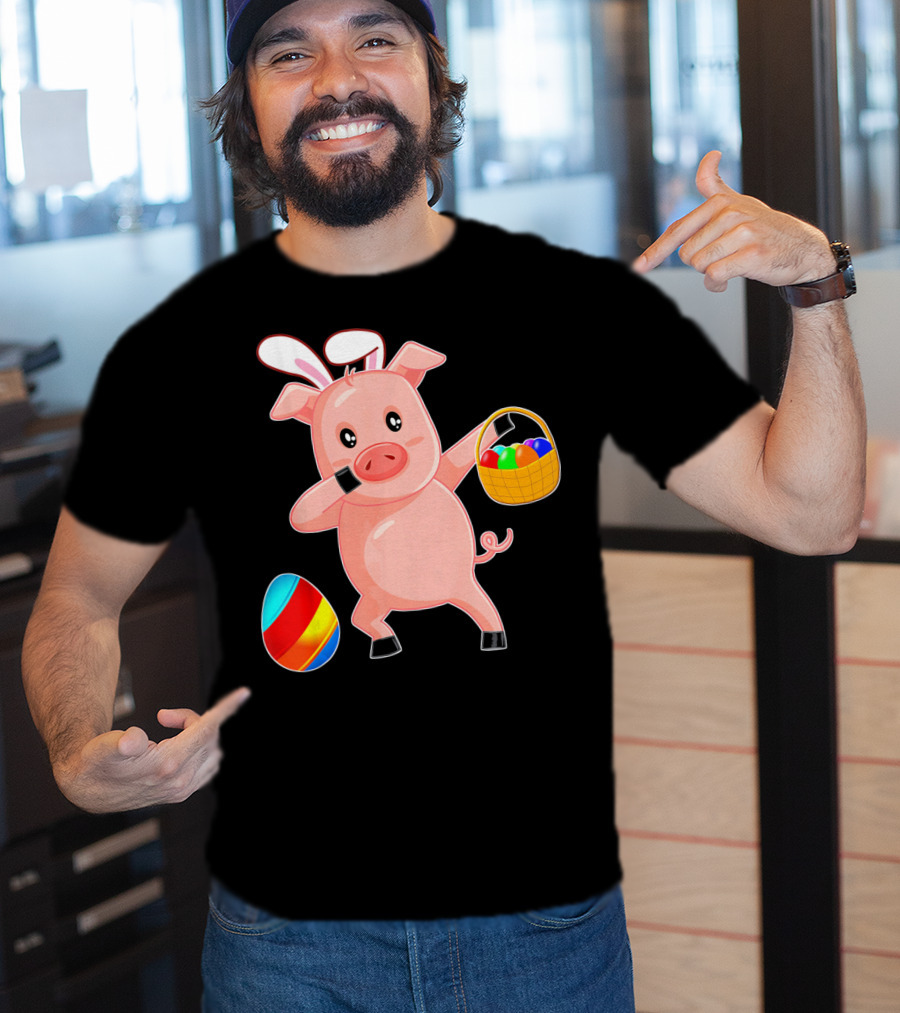 Easter Bunny Dabbing Pig With Colorful Egg Basket T-Shirt