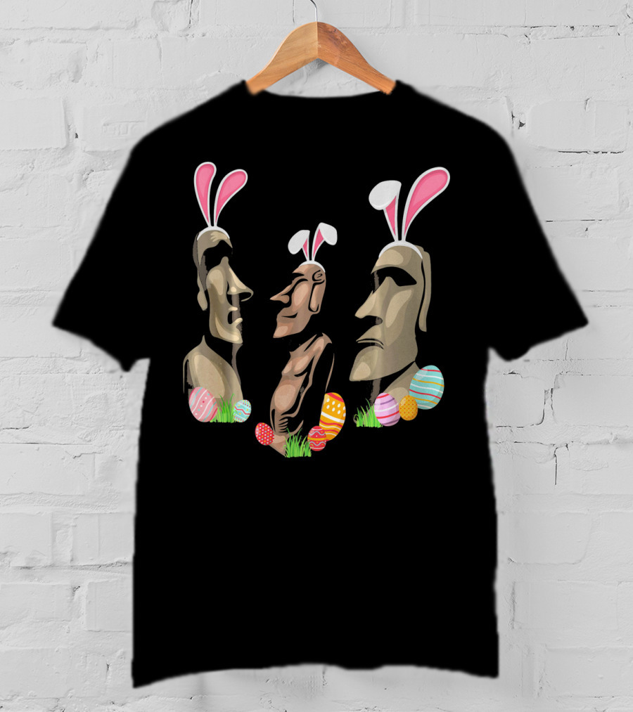 Funny Easter Island Statues Wearing Bunny Ears Surrounded By Colorful Easter Eggs T-Shirt