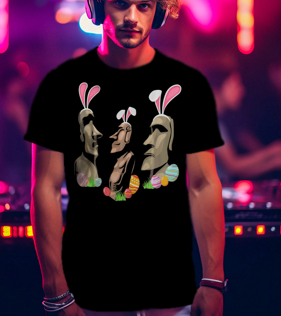 Funny Easter Island Statues Wearing Bunny Ears Surrounded By Colorful Easter Eggs T-Shirt
