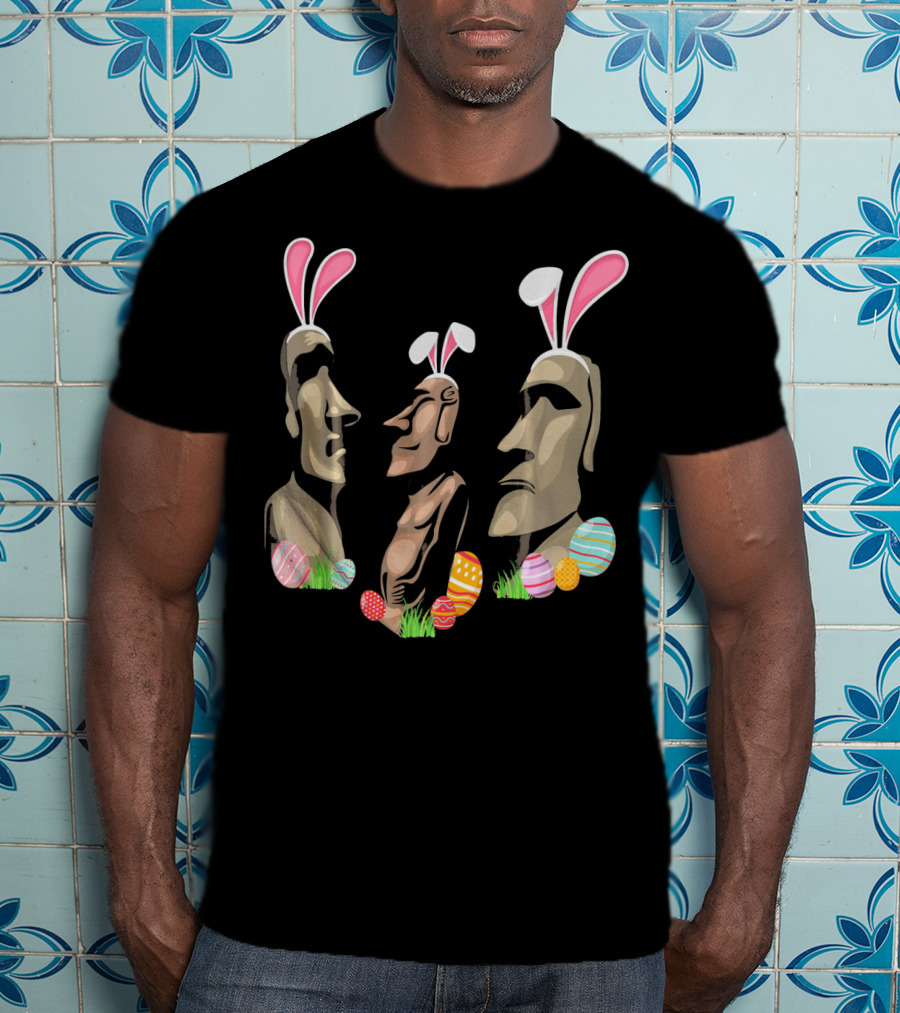 Funny Easter Island Statues Wearing Bunny Ears Surrounded By Colorful Easter Eggs T-Shirt