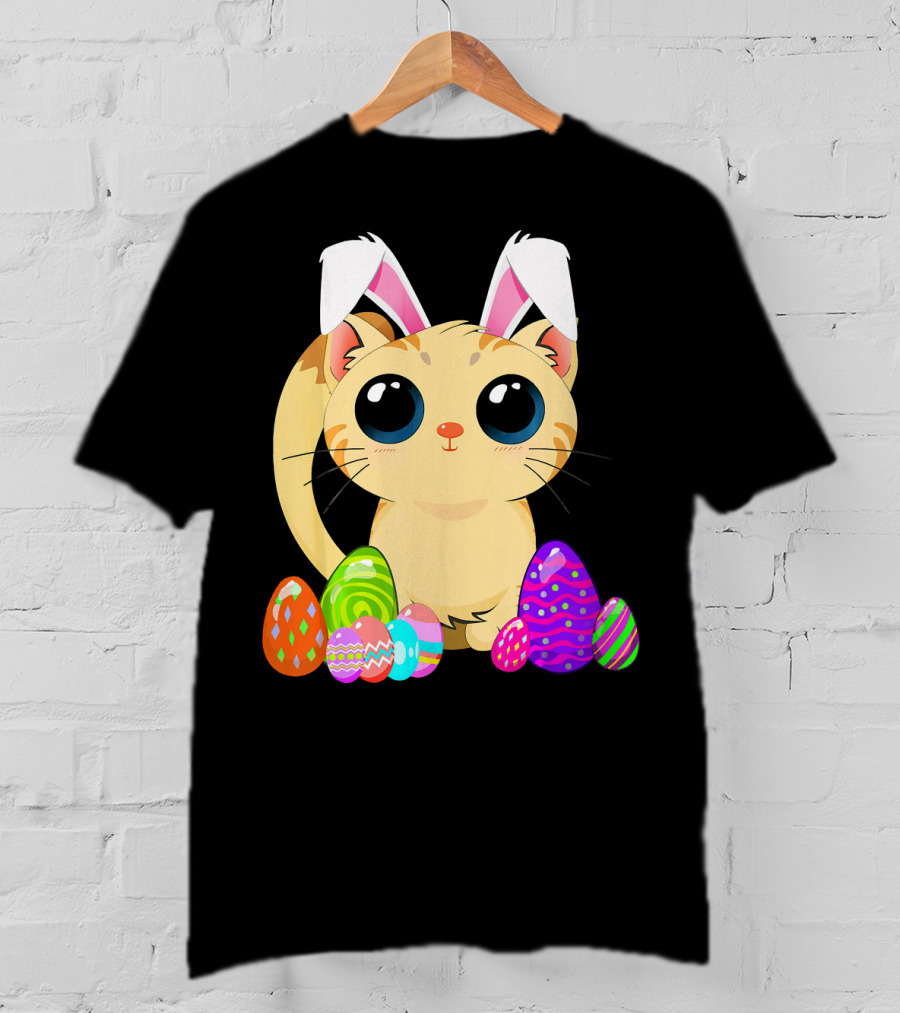 Cute Easter Cat Holiday Bunny Ears With Colorful Eggs T-Shirt