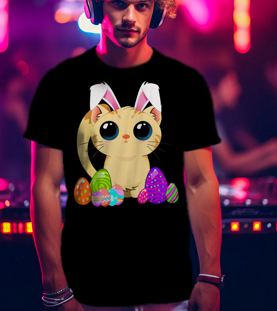 Cute Easter Cat Holiday Bunny Ears With Colorful Eggs T-Shirt