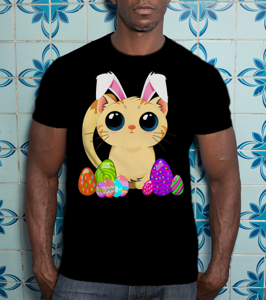 Cute Easter Cat Holiday Bunny Ears With Colorful Eggs T-Shirt