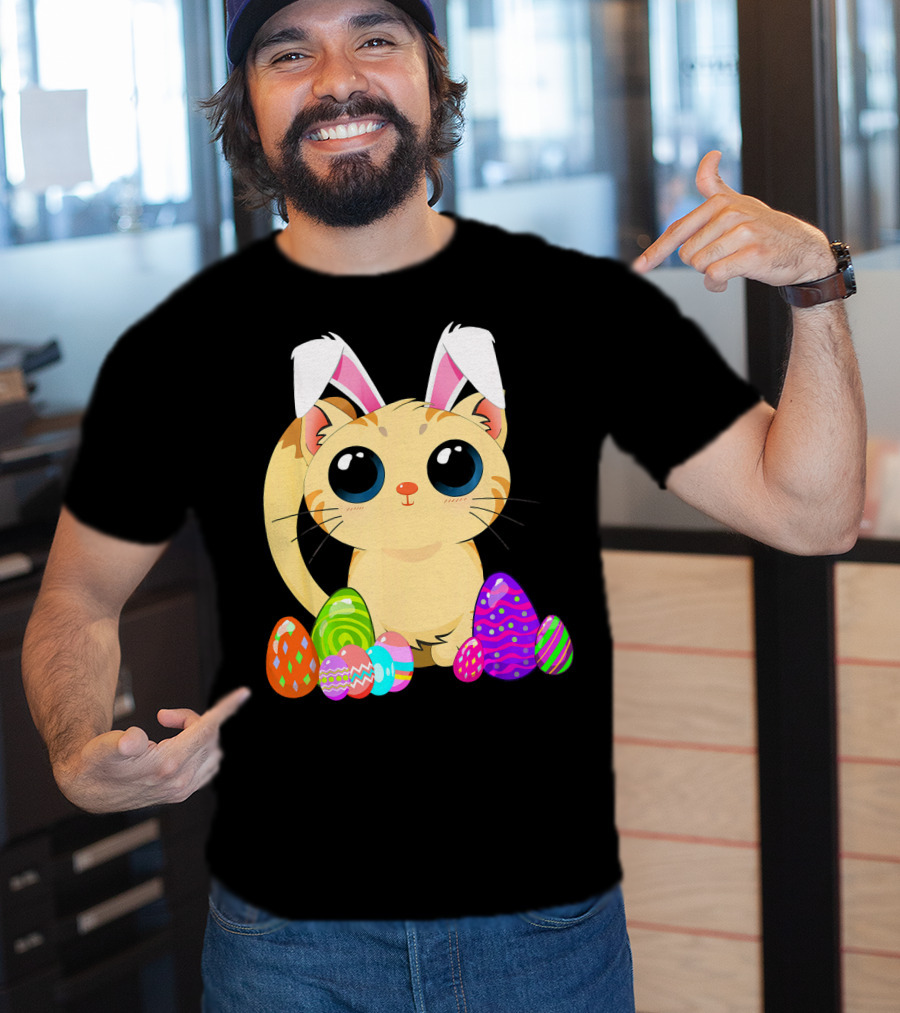 Cute Easter Cat Holiday Bunny Ears With Colorful Eggs T-Shirt