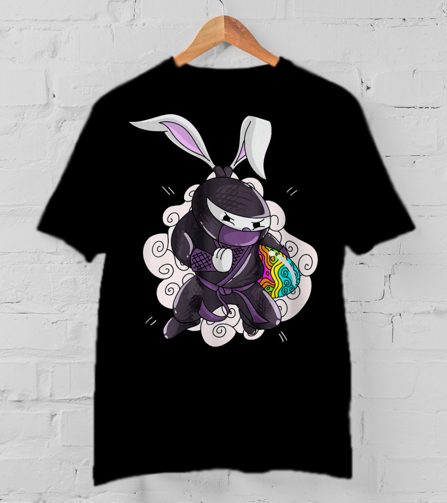 Easter Bunny Ninja Holding Colorful Egg In Cute Little Egg Hunt Scene T-Shirt