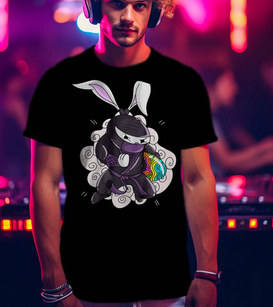Easter Bunny Ninja Holding Colorful Egg In Cute Little Egg Hunt Scene T-Shirt