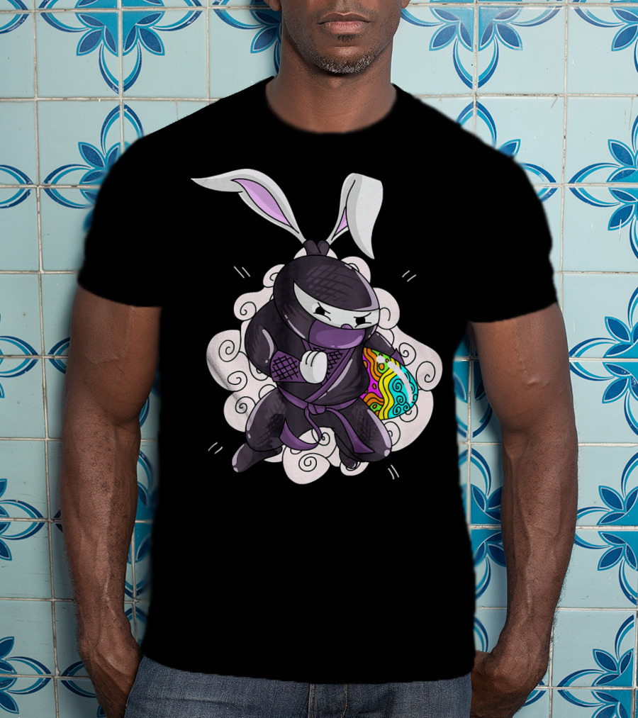 Easter Bunny Ninja Holding Colorful Egg In Cute Little Egg Hunt Scene T-Shirt