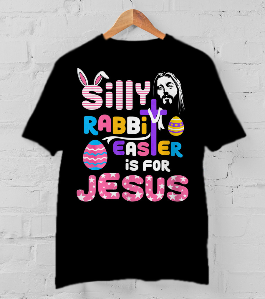 Silly Rabbit Easter Is For Jesus Cross Eggs Pink Stripes T-Shirt