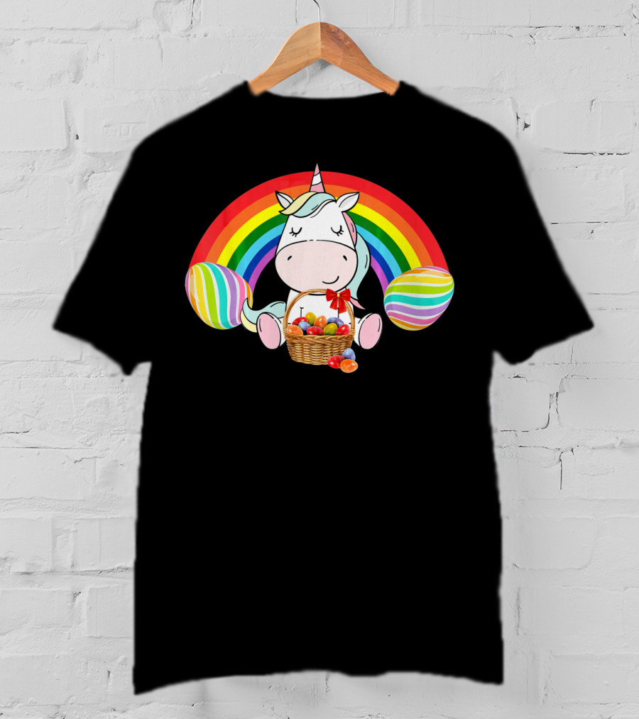 Unicorn Easter With Rainbow And Basket Of Eggs T-Shirt
