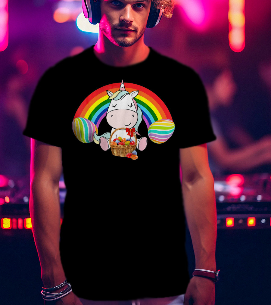 Unicorn Easter With Rainbow And Basket Of Eggs T-Shirt