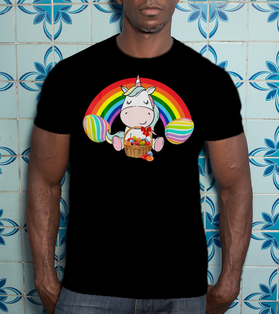 Unicorn Easter With Rainbow And Basket Of Eggs T-Shirt